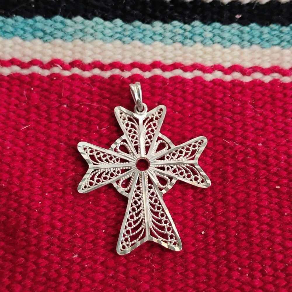 Filigree Sterling Silver Maltese Cross Pendant 1 5/8" Long Handmade - Picture 3 of 6